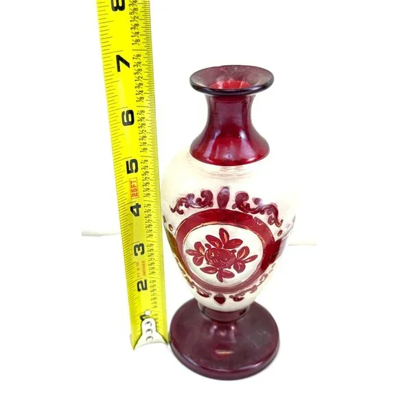 Antique Bohemian Ruby Glass Vases Pair Handblown Red Floral Design 7 Tall